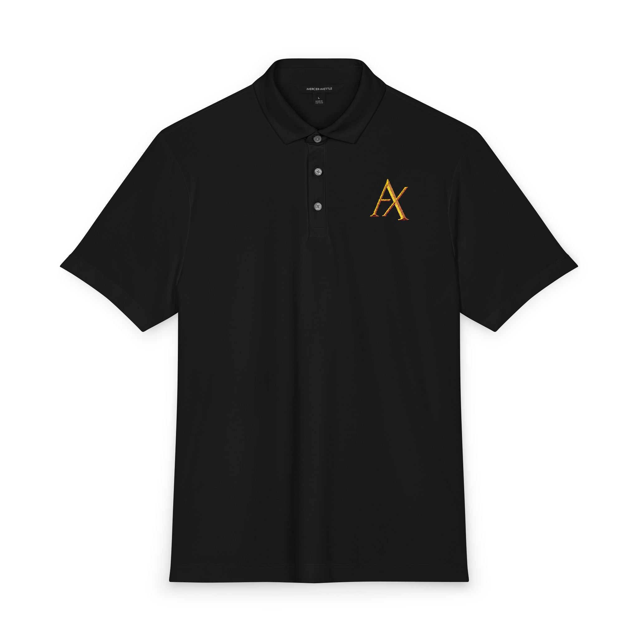 Men's Black Stretch Polo with Gold Floral 'A' Chest Embroidery — Mercer+Mettle