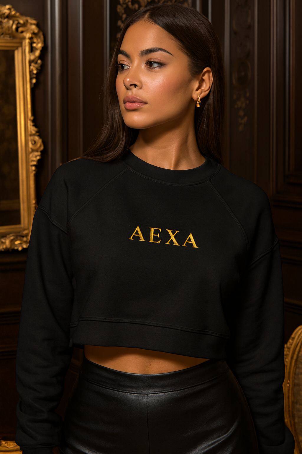 Cropped Pullover — Gold 'AEXA' Minimalist Crewneck