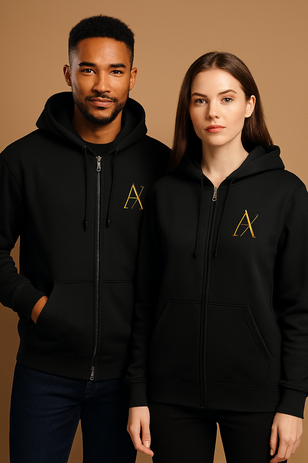 AX Monogram Zip Hoodie — Minimal Gold Embroidered Logo Full‑Zip Sweatshirt